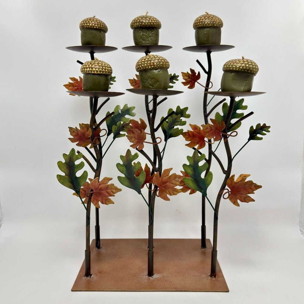 Vintage Fall Metal Candelabra Wt 6 Acorn Candles Thanksgiving Mantel Centerpiece